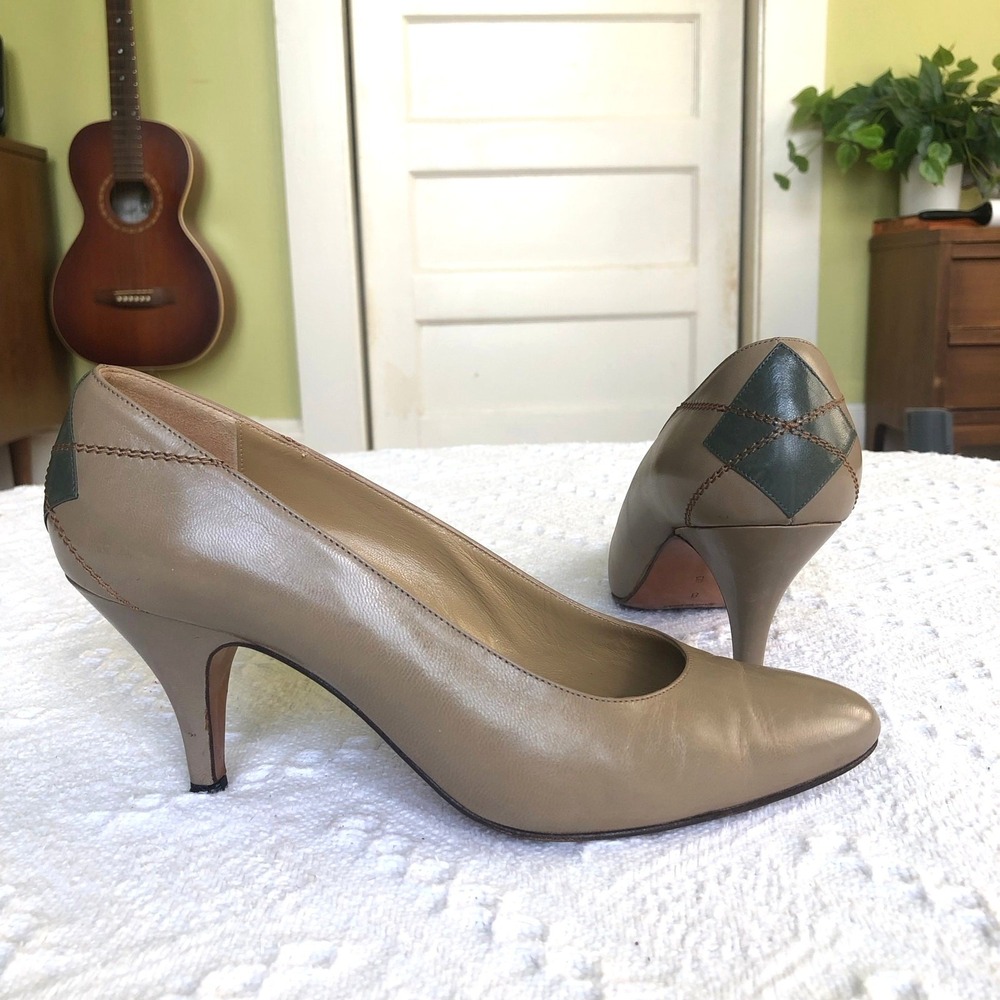 VTG Perry Ellis Portfolio Leather Heels Pumps Diamond 80s Italy 8 B Retro Career